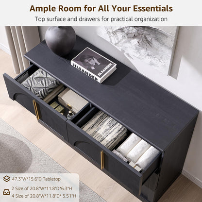 ACCOHOHO Arched Dresser for Bedroom with 6 Drawers, 47.3" Wide Modern Chest of Drawers with Rounded Edge & Metal Handles, Wood Storage Closet Dressers TV Stand for Living Room, Hallway, Black