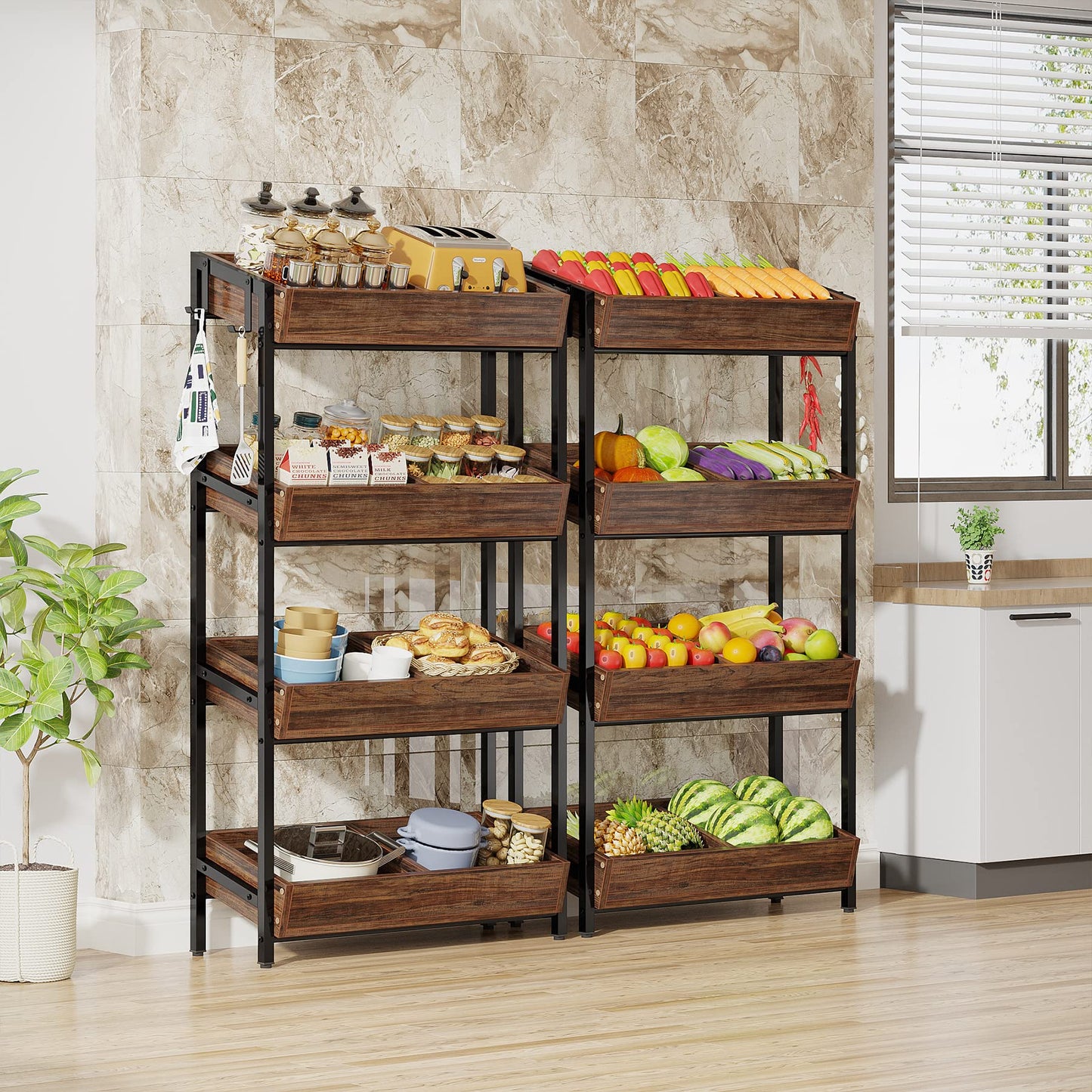 Tribesigns Wood Fruit and Vegetable Basket Stand Rack for Kitchen, Office, Store, Supremarket, Pantry Shelf Unit for Snacks, 4-Tier Wooden Utility Storage Shelves Set of 2 (Brown+Black)