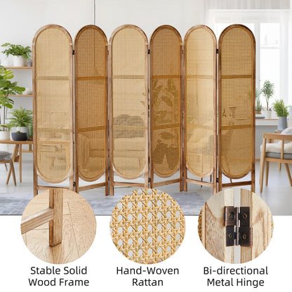 Asnefeli 6 Panels Room Divider, Foldable Wooden Room Divider, Individual Privacy Screen Made of Hand-Woven Rattan, Portable Wall Divider for Home Office Bedroom Bathroom Dressing Room (Natural)