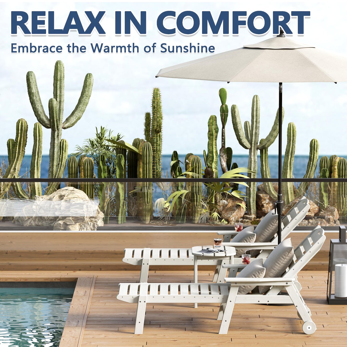 Patio Chaise Lounge Chair Set of 2, HDPE Outdoor Lounge Chairs with 5-Position Adjustable Backrest, Cup Holder and Wheels, 450lbs Capacity for Poolside Deck Backyard, All Weather Material(Gray)