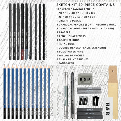 H & B 40 Piece Professional Sketch Pencil Drawing Kit,Complete Artist Kit, Including Graphite Pencils, Pastels, Sharpener and Eraser