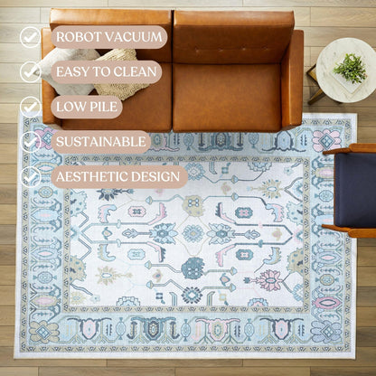 Fame Living Cream Green Oushak Rug, Modern, Vintage, Turkish, Eclectic, Floral, Pastel, Washable, Large Area Rugs for Living Room, Dining, Bedroom, Girls, Boys, 7'5"x9'8"