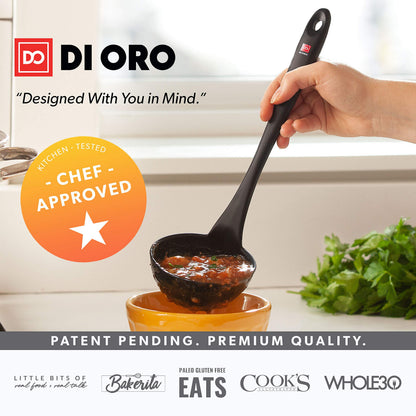 DI ORO Silicone Ladle – Soup Ladle for Cooking & Serving Heat-Resistant - Large Kitchen Soup Ladle Nonstick Cookware Safe - Soup Serving Spoon with Wide Bowl - Silicone Utensil Dishwasher Safe (Black)