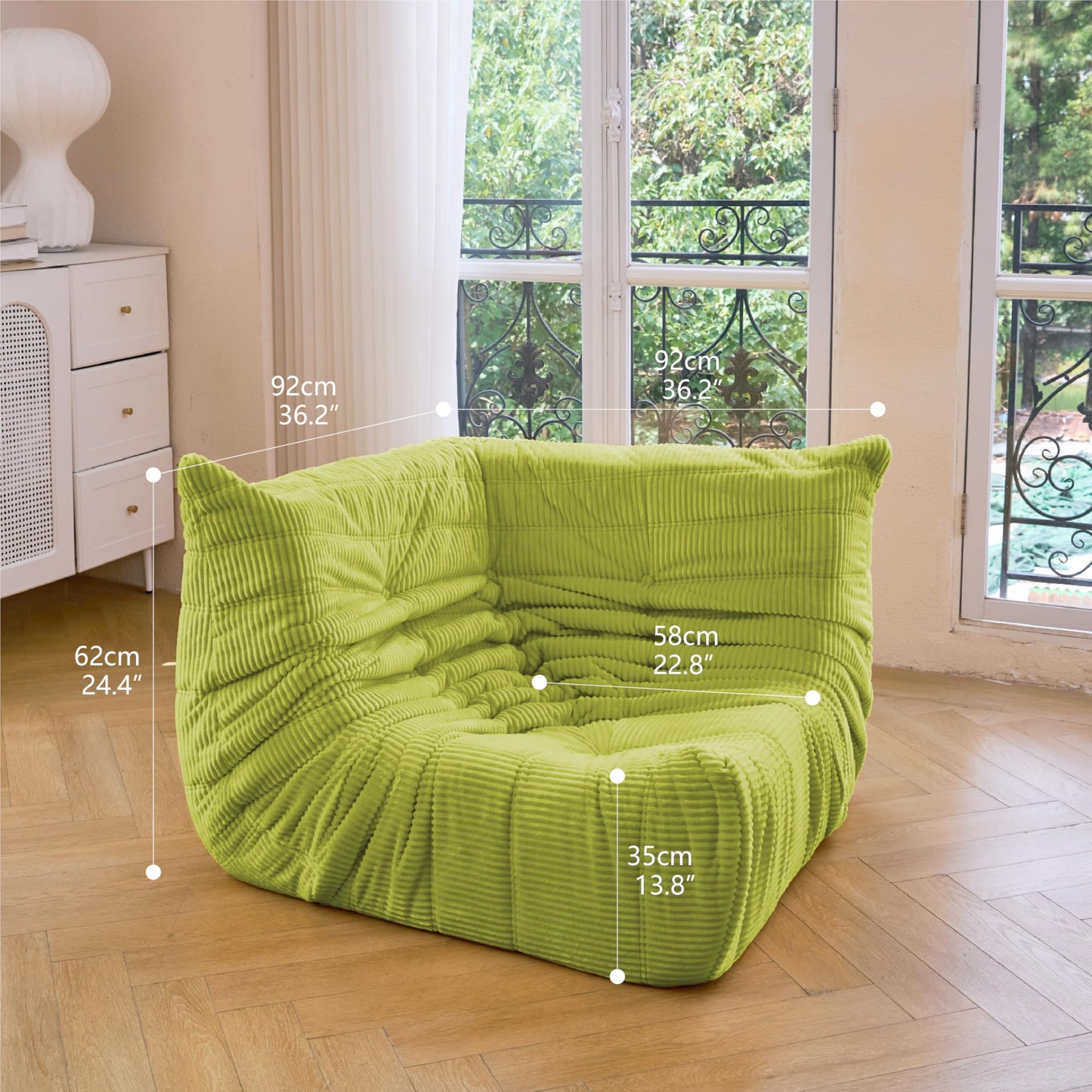 N&V Fireside Corner Chair, Mid Century Armless Floor Sofa, Soft Premium Corduroy Floor Lounge Chair, Foam Sofa Accent Chair for Living Room Bedroom and Office (Lime)