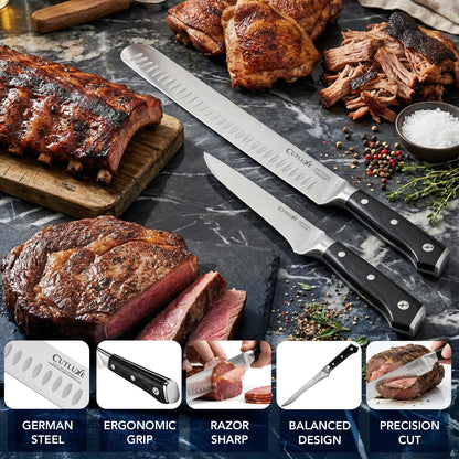 Cutluxe Carving Knife Set for BBQ & Brisket – Razor Sharp German Steel Slicing and Boning Knife for Meat Cutting, Full Tang & Ergonomic Handle, Grilling Gifts for Men – Artisan Series