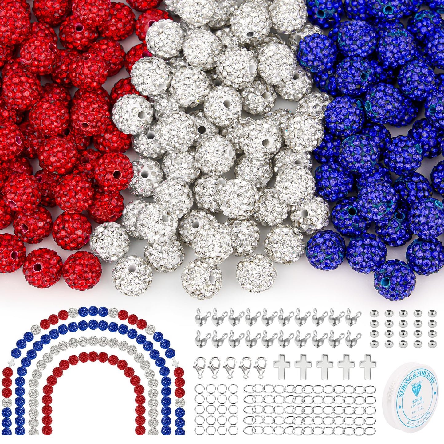 YONOVO 256Pcs 10mm Rhinestone Beads Kit for Jewelry Making, 3 Colors Round Disco Ball Sparkly Beads with Cross Charms and Accessories for DIY Baseball Necklaces Bracelets Earrings