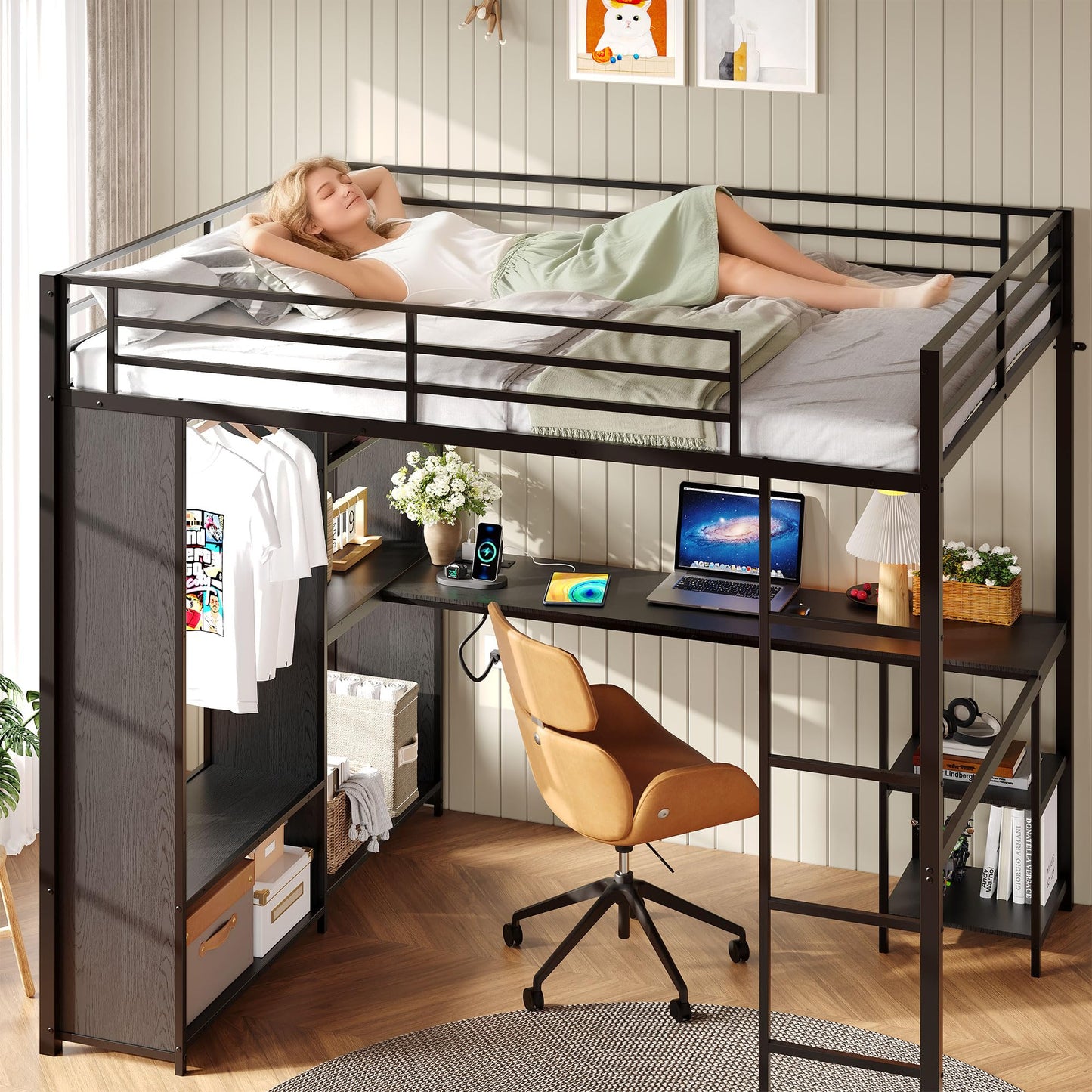 GarveeHome Queen Loft Bed with L-Shaped Desk and Storage Shelves, Queen Size Loft Bed Frame with Wardrobe, Hanging Rod, Guardrail and Ladder, Adults-Loft Beds Nosie-Free