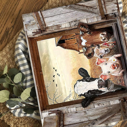 Kasluolo Farmhouse Animals Wall Art, Cow in Fake Window Landscape Picture, Framed Artwork for Bathroom or Office 12x16