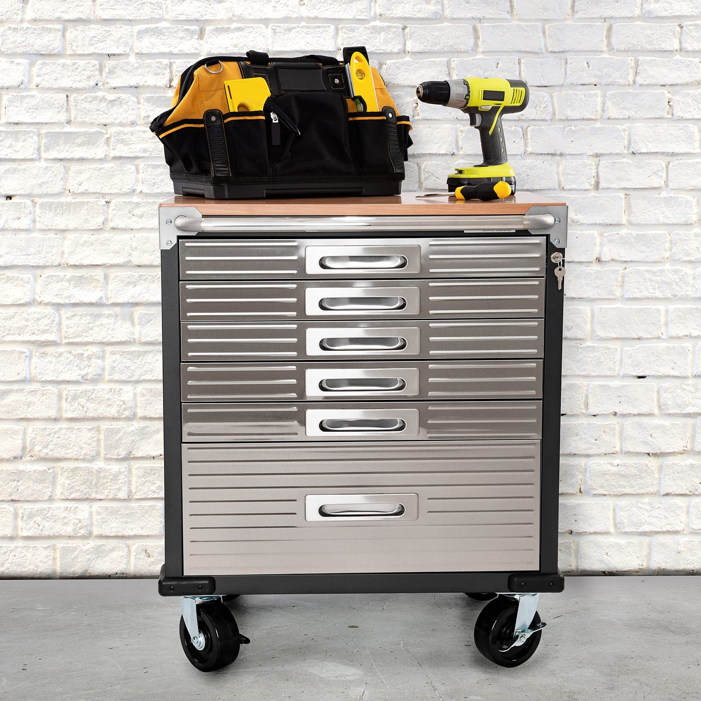 Seville Classics UltraHD Heavy Duty Rolling Cabinet Workbench Table w/Solid Wood Top, Workstation for Garage, Office, Workshop, Graphite, 6-Drawer (28" W x 18" D