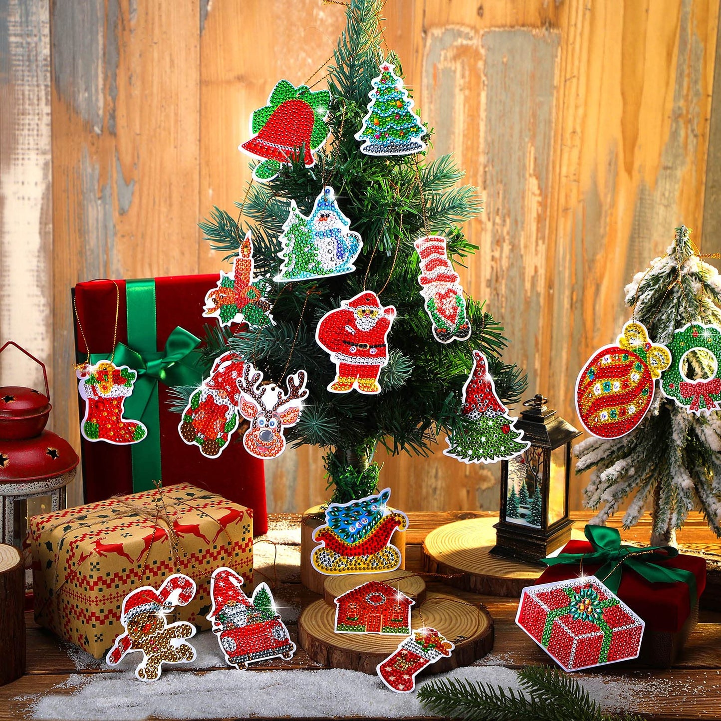 Hungdao 64 Pcs Diamond Art Christmas Ornaments Kits Diamond Art Painting Kits DIY Keychains for Adults 5d Bulk Winter Hanging Ornament Snowman Santa Claus Home Xmas Tree Craft Gift Decor(Classic Red)