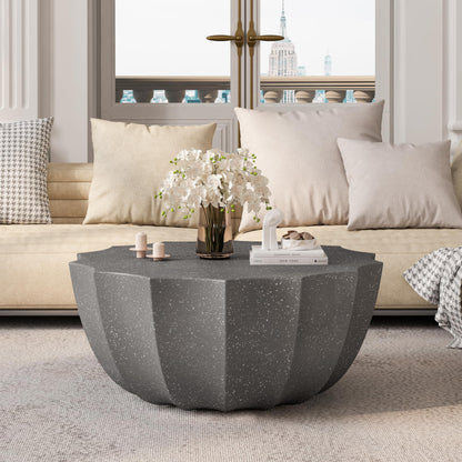 GDFStudio 35.43" Modern Indoor Outdoor Coffee Table, Waterproof Cement Round Table, MgO Concrete Circle Side Table, Creative Shape Small Table for Patio Backyard Living Room, Fully Assembled, Grey