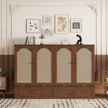 GDFStudio Queen Size Murphy Bed Cabinet with Rattan Panel, Built-in Power Station, Pine Wood Cabinet Bed with Storage Drawer, Foldable Queen Beds for Guest Rooms, Small Spaces, Living Rooms, Walnut