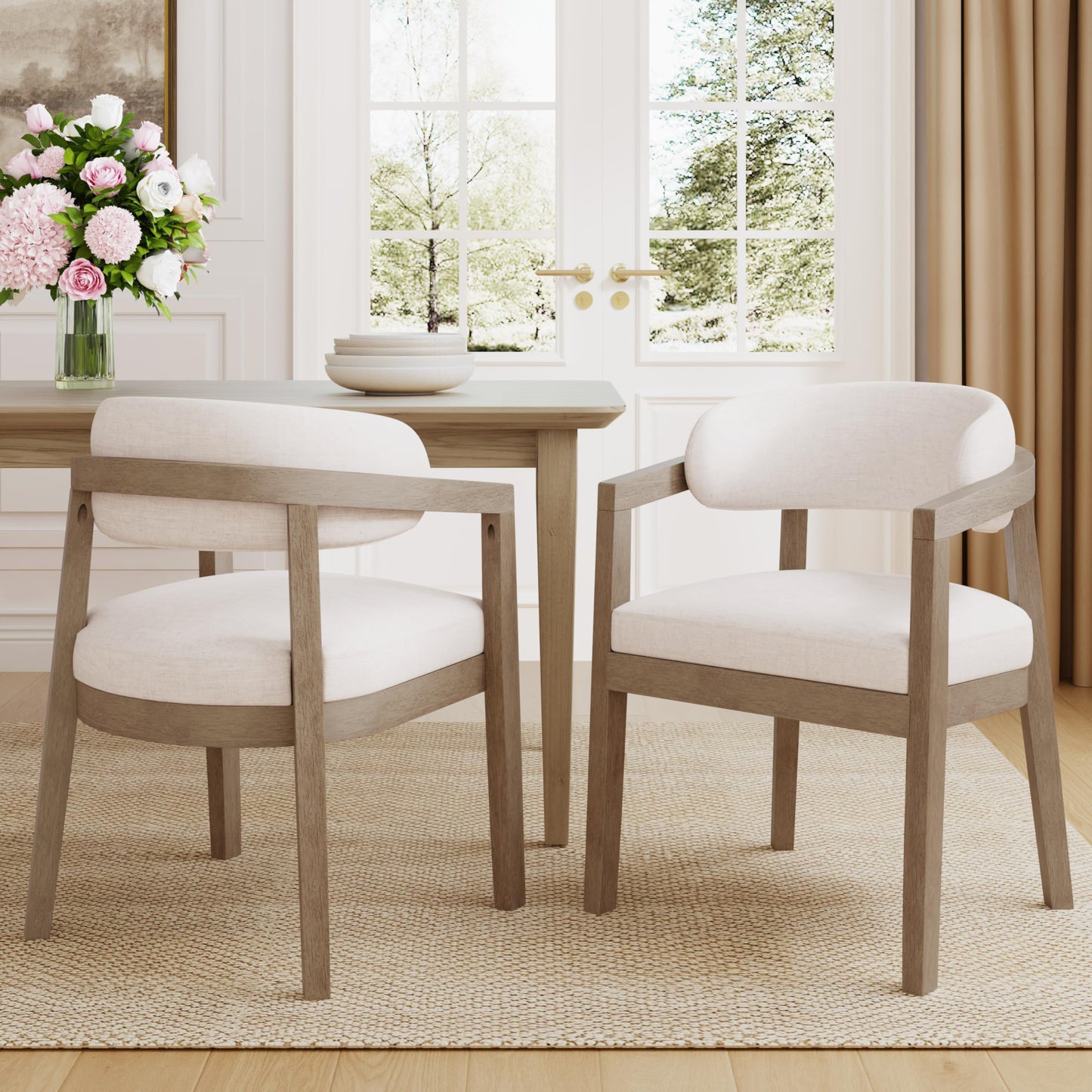 Christopher Knight Home Set of 2 Lanford Fabric Upholstered Dining Chairs, Curved Backrest Kitchen Side Chair, Soft Padded Seat&Back Cushion, Solid Wood Armchair, Ergonomic Extra Seat,Beige+Light Ash