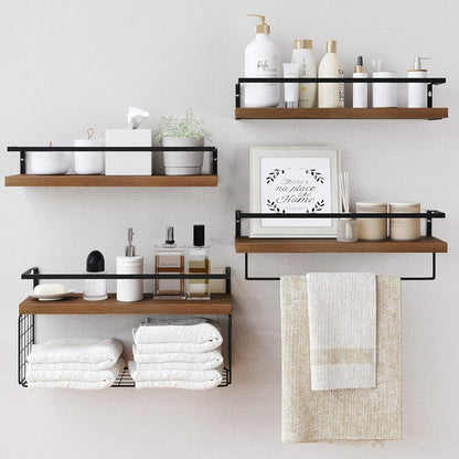 Wood Floating Shelves by [Brand Name] - Rustic Wall-Mounted 4-Tier Bathroom Shelf Set with Basket & Towel Bar
