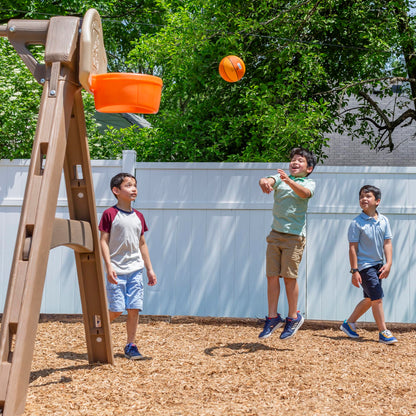 Step2 Naturally Playful Adventure Lodge Play Center with Glider, Kids Outdoor Playset, Two Tier Backyard Playground Set, Slide, Swings, Rope Ladder, Basketball Hoop, Jungle Gym, Children 3-8 Years Old