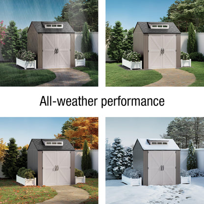 Rubbermaid Large Resin Outdoor Storage Shed With Floor (7 x 7 Ft.), Weather Resistant, Brown, Organization for Home/Lawn Mower/Backyard Equipment/Bike Storage/Pool Supplies