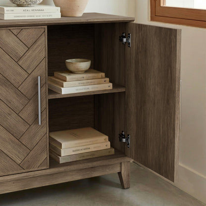 Lab Cosi 62.9" Sideboard Buffet Cabinet with Storage, Herringbone Wood Credenza with 4 Doors, Wood Coffee Bar Table Console for Hallway, Dining Room, Living Room, Kitchen