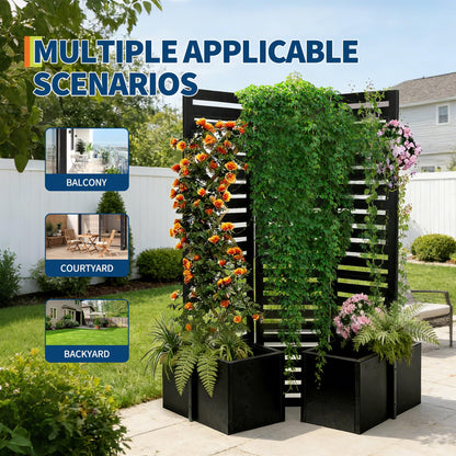 3-in-1 Privacy Fence Screen with Planter Boxes, 51x70x31 Inch Outdoor Metal Room Divider & Garden Partition, Freestanding Backyard/Patio/Deck Privacy Screen with 4 Self-Watering Raised Garden Beds, Bl