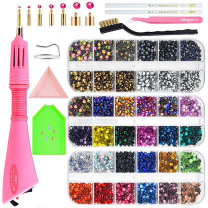Hotfix Rhinestones Applicator Bedazzler Hot Fix Applicator Tool Kit with 3 Boxes Crystal Gems for Bedazzling Clothes Clothing Fabric Bedazzle, Heat Bedazzled Diamond Pen Setter Iron on Wand with Tips