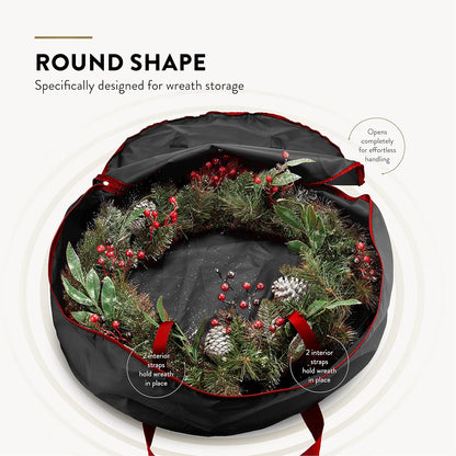 ZOBER Oxford Christmas Wreath Storage Container - 24 Inch Waterproof Bag with Dual Zippers & Durable Handles - Black