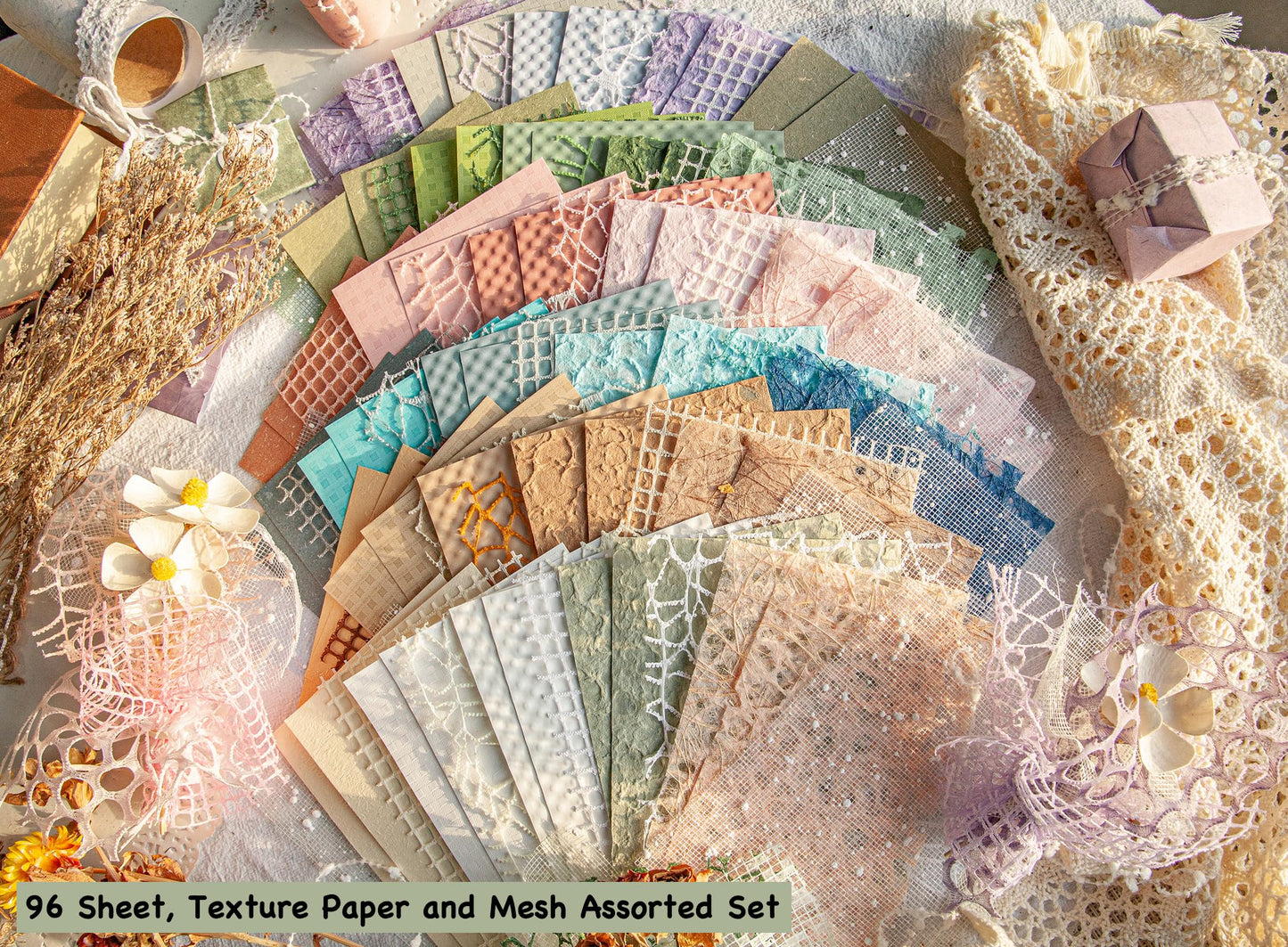 96 Sheets Textured Scrapbook Paper and Mesh Fabric Assorted Set - 6 Pack Mixed Special Paper for Scrapbooking Planner Bullet Junk Journal Supplies Mixed Media Collage Card Embellishments 3.9x5.5 Inch