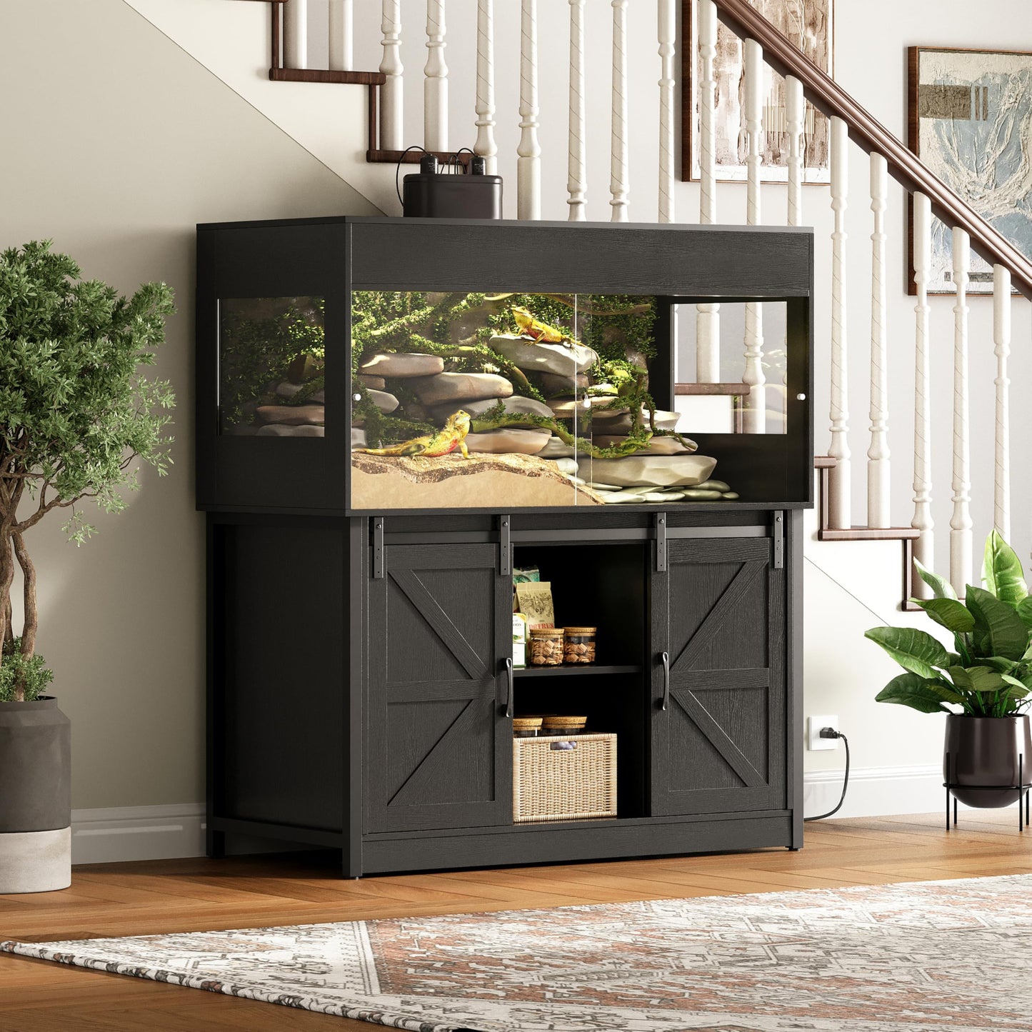Herture 120 Gallon Reptile Terrarium with Stand, 4x2x2 Bearded Dragon Enclosure for Snakes Lizards, Large Vivarium Tank with Storage Cabinet, Acrylic Doors, Mesh Lid, Power Outlet Black PX04RTBB