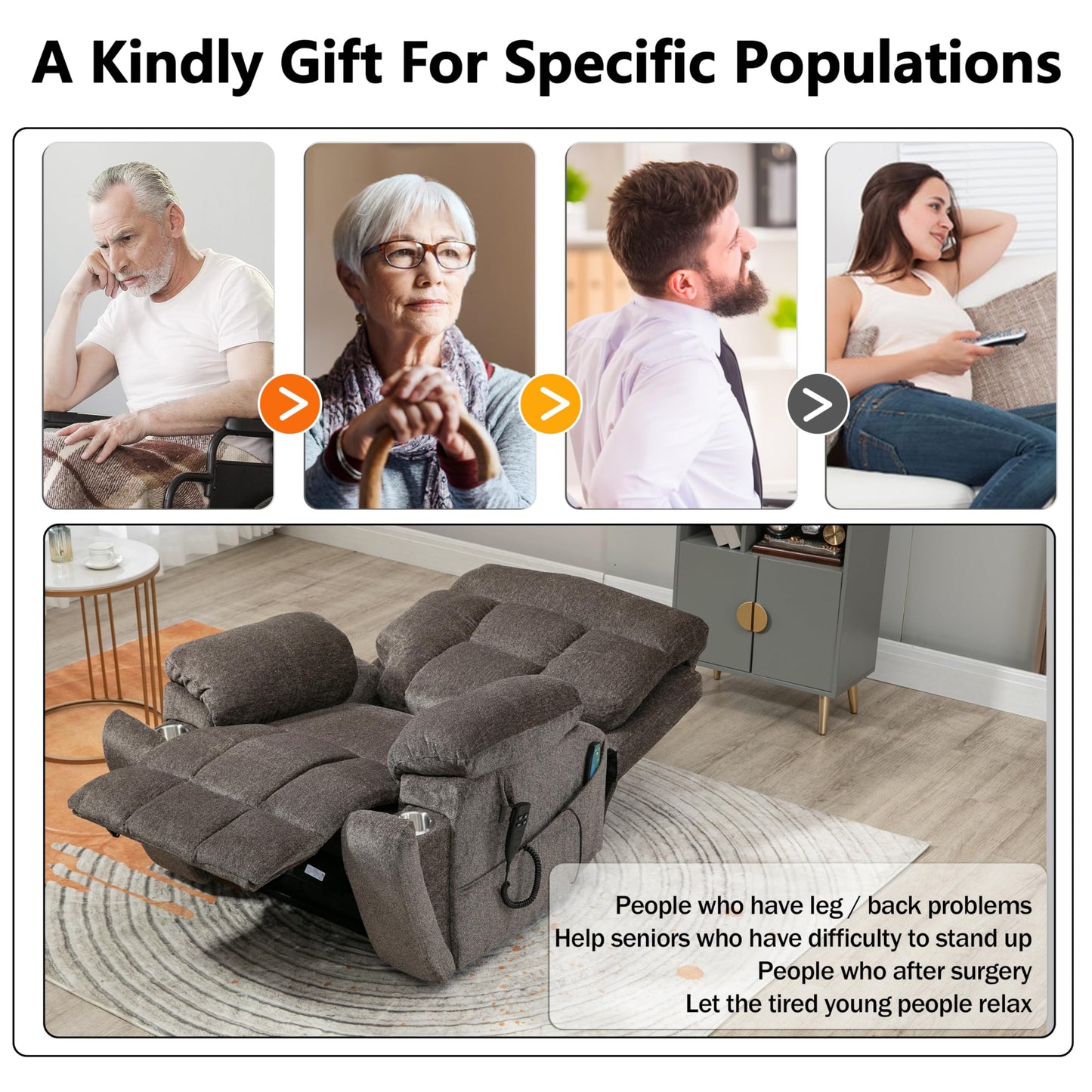 JIKFRIMA Dual Motor Power Lift Recliner Chair with Massage Heating for Adults Elderly, Electric Lift Chairs Lay Flat Recliners, Infinite Position, 2 Hidden Cup Holders