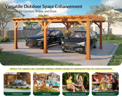 Jocisland 12x20 FT Premium Cedar Wood Pergola with Trellis Roof & Weather-Resistant Support, Outdoor Pergola Kit with Stakes, Garden Gazebo for Patio, Backyard & Events, Reddish-Brown