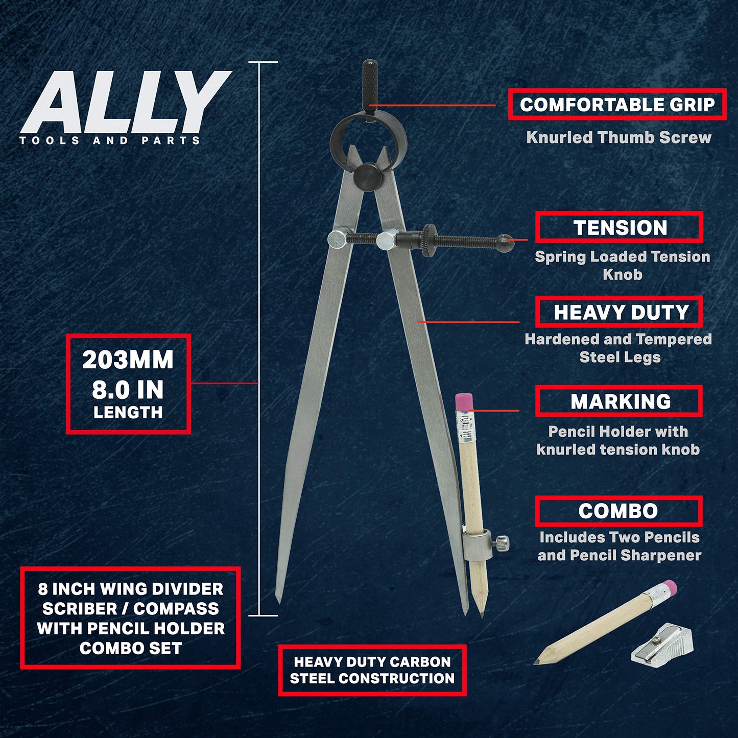 ALLY Tools 8 Inch Precision Locking Spring Divider/Woodworking Compass with Pencil Holder INCLUDES Two Pencils and Pencil Sharpener Ideal for Drawing, Drafting, Carpentry