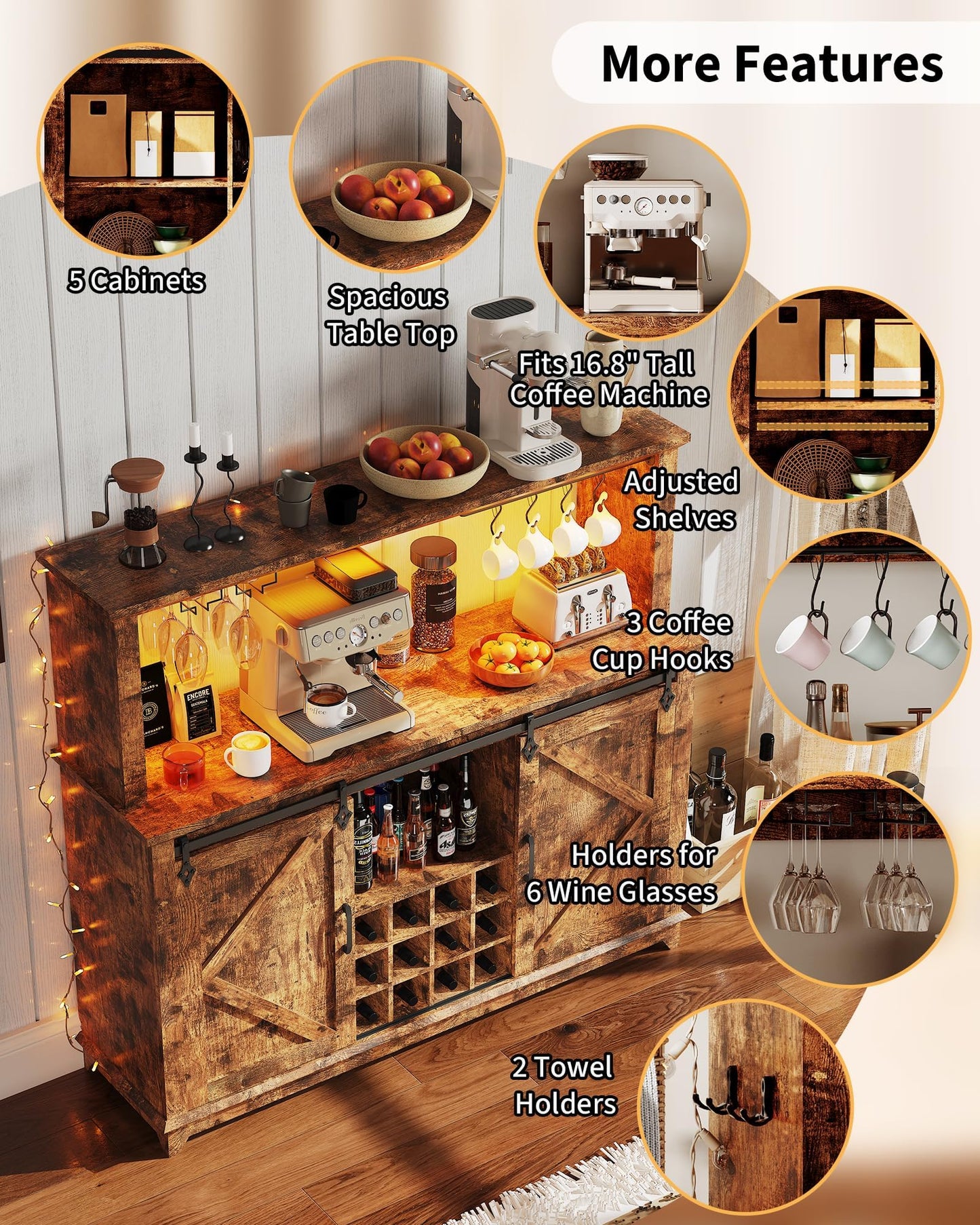 IDEALHOUSE 55" Farmhouse Coffee Bar Cabinet with Power Outlet & LED Light - Sliding Barn Door Buffet with Removable Wine Rack, 2-Tier Drawers, for Kitchen, Dining & Living Room, Brown