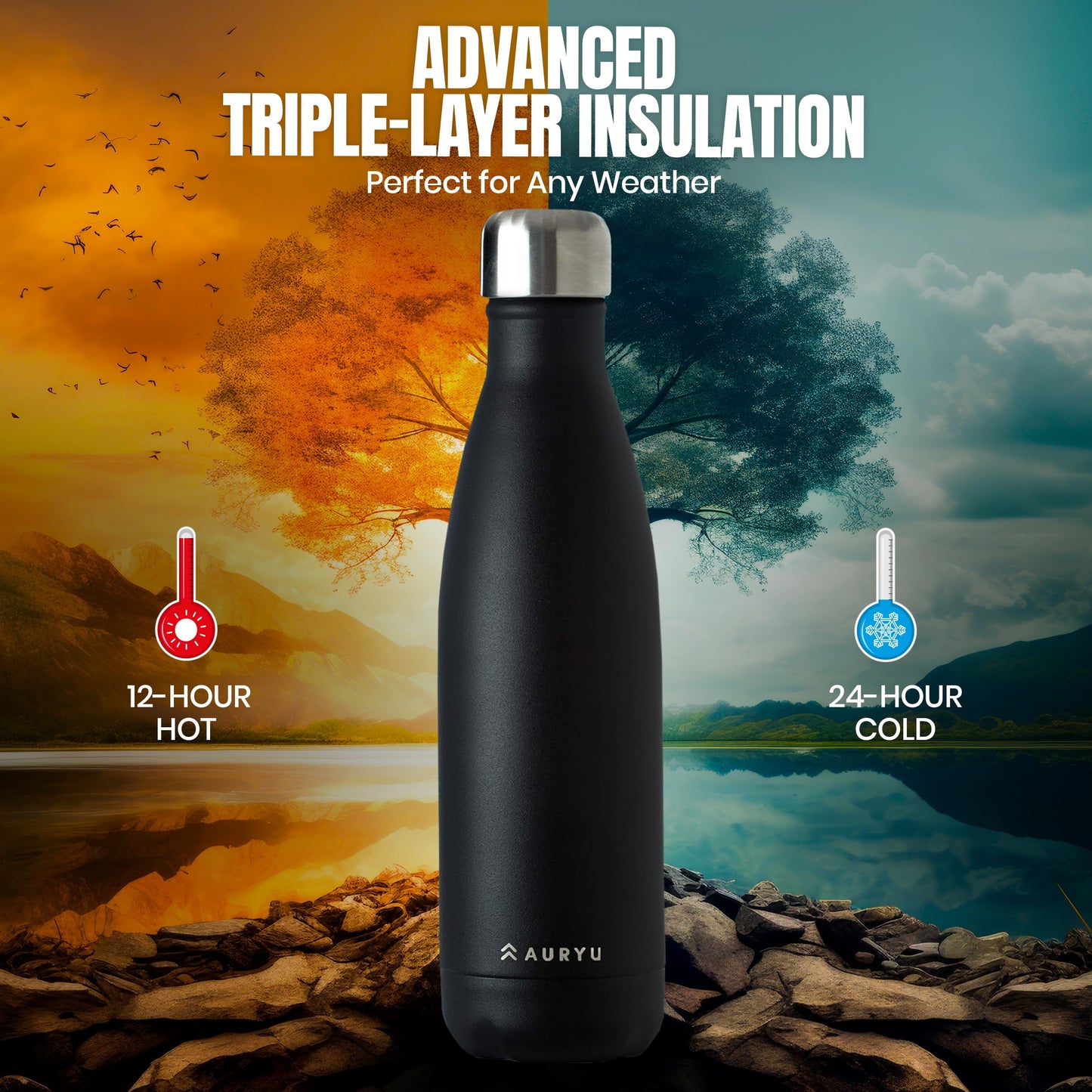 Auryu Best in Class Triple-Walled Insulated Stainless Steel Water Bottle, Keeps your Drinks Cold for up to 24 Hours and Hot for up to 12 Hours, Leak Proof, Make a Difference in the World, Black, 17oz