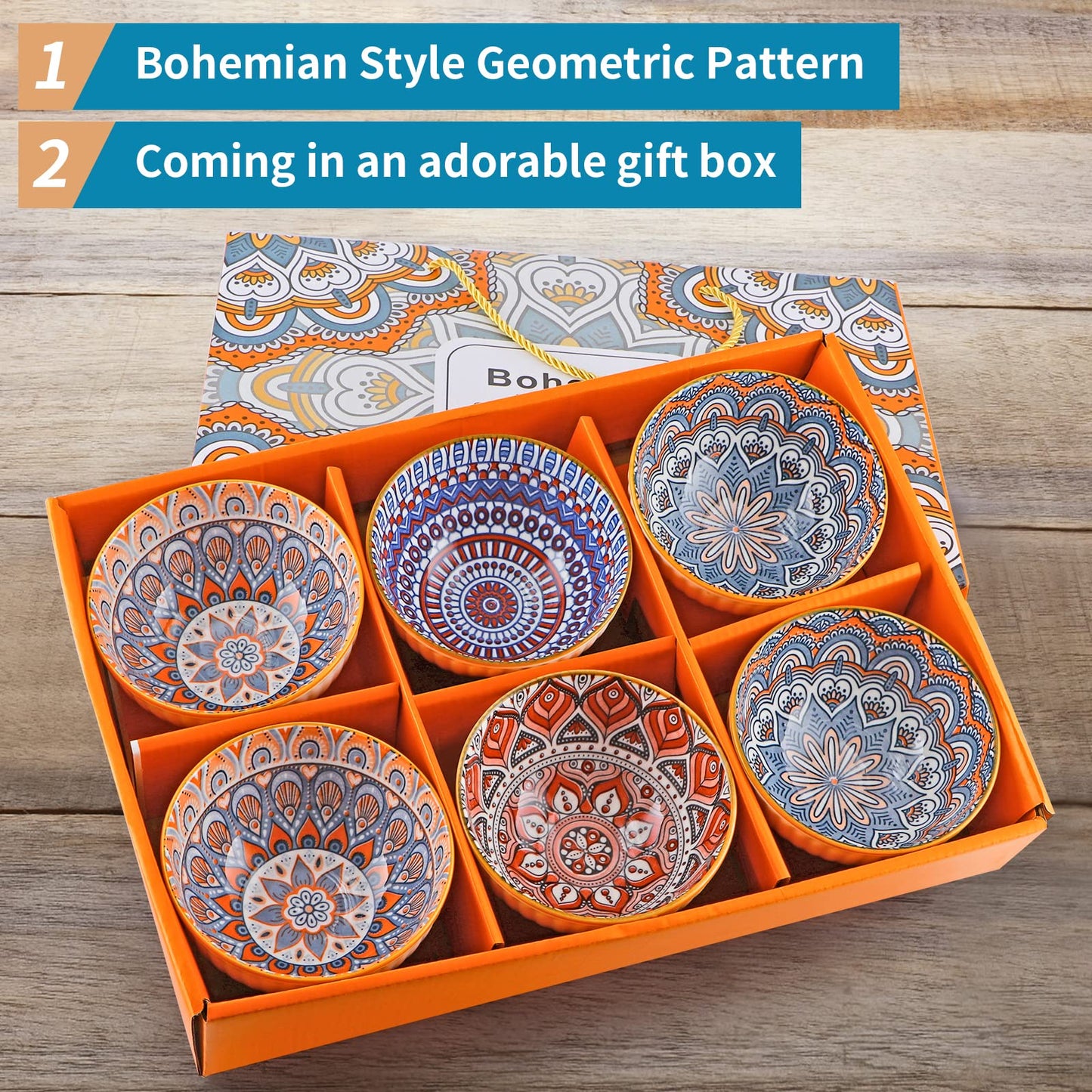 Sanbege Ceramic Rice Bowls 10 oz, Bohemian Style Bowl Gift Set, Assorted Dinnerware Serving Bowls for Cereal, Soup, Dessert, Snack, Fruit, Salsa, Pack of 6 (Geometric Pattern)