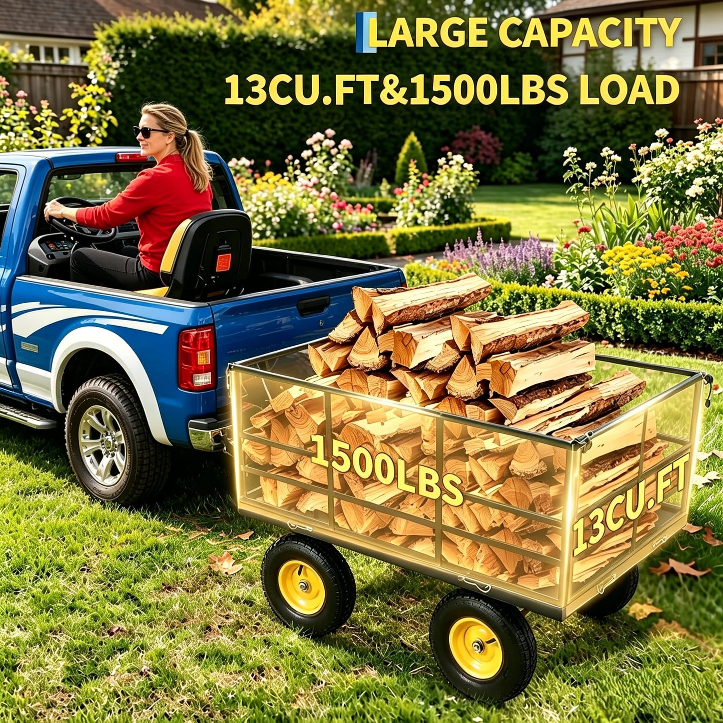 1500Lbs Steel Mesh Garden Cart, Heavy-Duty Utility Wagon with Removable Sides, Outdoor Wagon with Rubber Tire and Handle for Gardening Soil, Tools and Plant Transport(Green)