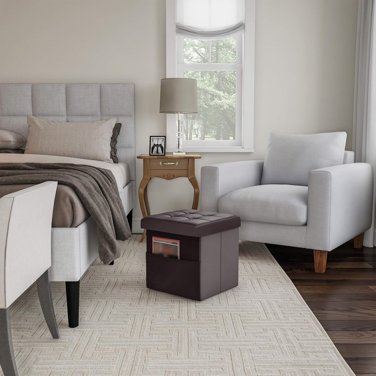 Lavish Home Foldable Storage Cube Ottoman with Pocket Tufted Faux Leather Footrest Organizer for Bedroom, Living Room