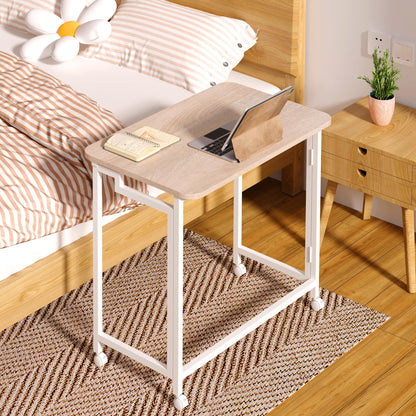 4NM 23.6" Mobile Small Rolling Computer Desk, Folding Laptop Cart Table with Wheels, Portable Office Desk for Small Space Couch Bed - Natural and White