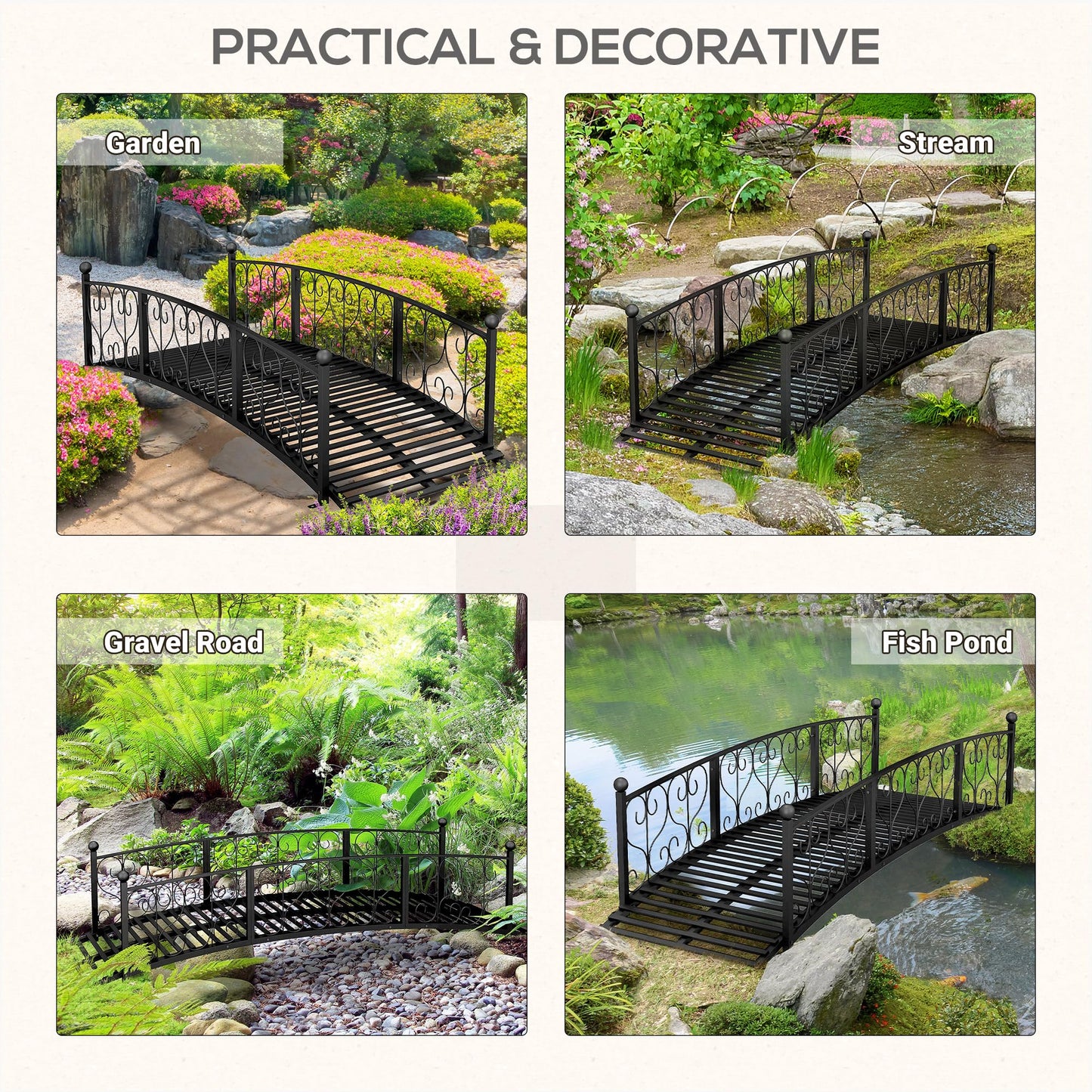Outsunny 7' Metal Arch Garden Bridge with Safety Siderails, Decorative Arc Footbridge with Delicate Scrollwork S Motifs for Backyard Creek, Stream, Fish Pond, Black