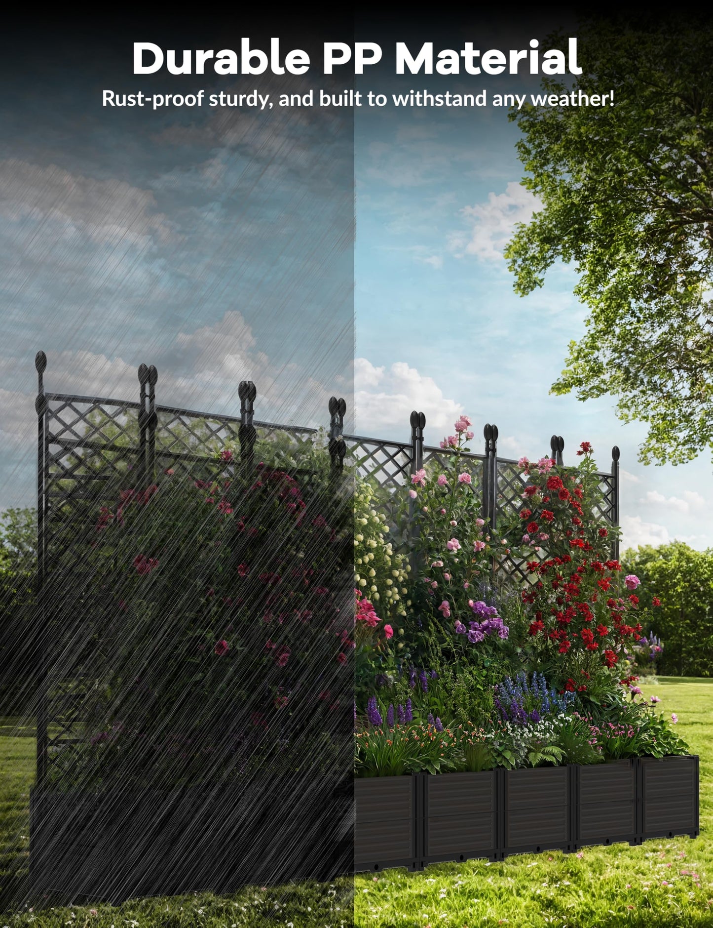 FinerFurnis Large 7-Section Raised Garden Bed with Metal Trellis – Modular Vertical Planter Box, Privacy Screen for Climbing Plants, Small Outdoor Spaces, Patio, Balcony – 7PCS