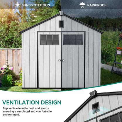 YITAHOME 8x10ft Outdoor Plastic Storage Shed with Floor, Extra Thick Waterproof Garden Shed with Lockable Door, Oval Vision Windows &Vents, 16mm Heavy Duty Tool Storage for Patio, Lawn, Gray