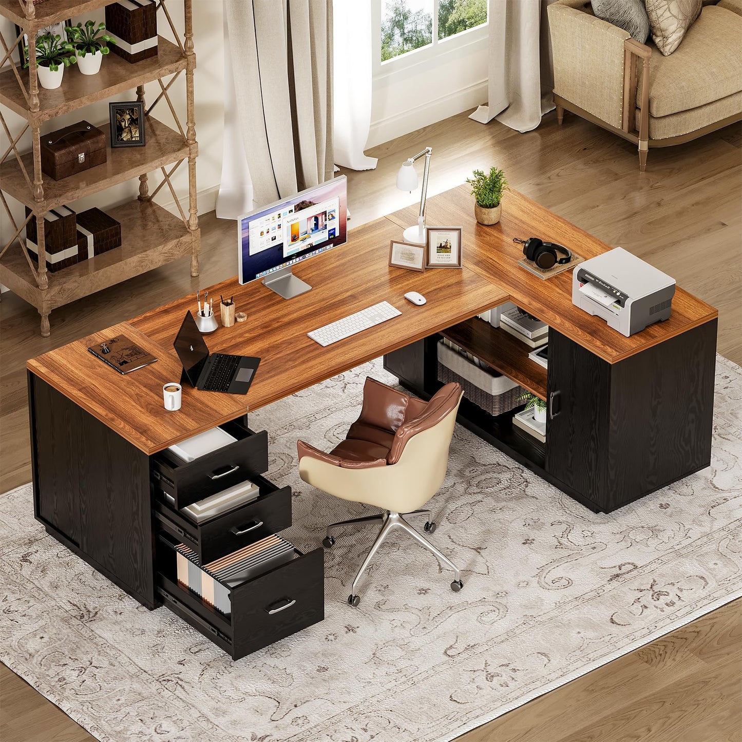 LITTLE TREE 87-Inch Modern Executive Desk with File Cabinet, Large Home Office Desk with Drawers, 3-Drawer Wooden File Cabinet, Spacious Workstation for Home Office (Brown & Black)