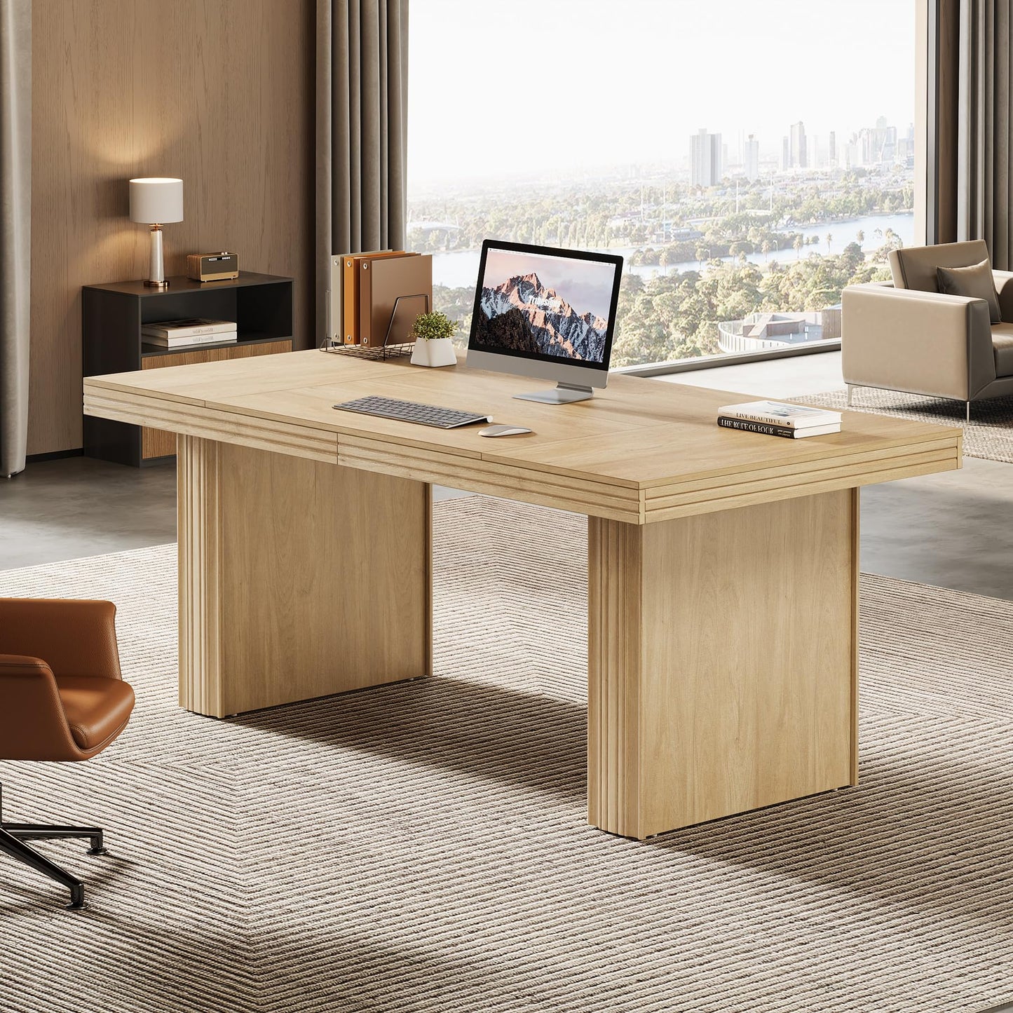 Tribesigns 63" Executive Desk, Modern Executive Office Desk with Thickened Desktop and Heavy-Duty Legs, Wood Writing Workstation Study Table Conference Table for Office, Natural