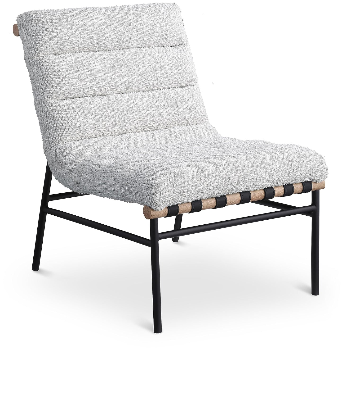 Meridian Furniture 411Cream Burke Collection Modern | Contemporary Accent Chair, Rich Cream Boucle Fabric, Black Vegan Leather Straps, Matte Black Metal Frame, 24.5" W x 29.5" D x 31.5" H, Cream