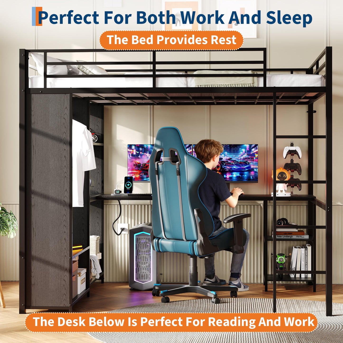 GarveeHome Queen Loft Bed with L-Shaped Desk and Storage Shelves, Queen Size Loft Bed Frame with Wardrobe, Hanging Rod, Guardrail and Ladder, Adults-Loft Beds Nosie-Free