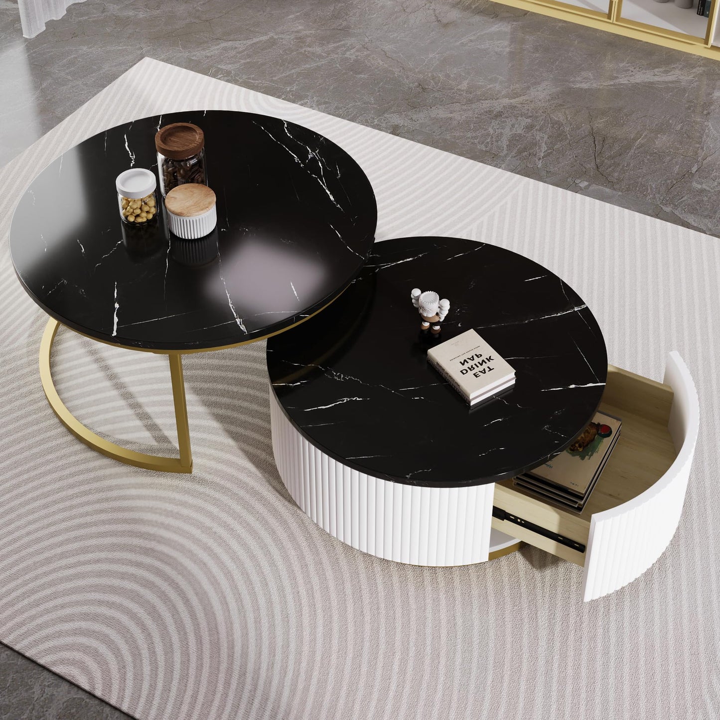 Merax 27.6" Modern Round Nesting Coffee Table Fluted with Drawer for Home Living Room, Black & Gold