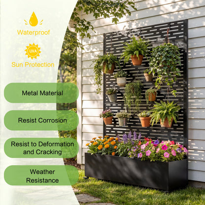 KEIKI 73"x47"x16" Planter Trellis Box with Wheels, Drainage Holes, Outdoor Resin Raised Garden Bed for Climbing Plants, Large Weather-Resistant Design, Black