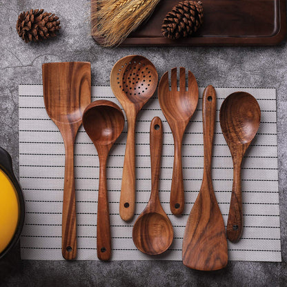 Wooden Non-Stick Kitchen Pan Toolset 7 Pieces Set, Natural Kitchen Utensils Spatula, Wooden Cooking Utensils Spoons, Fried Spatula and Salad Fork