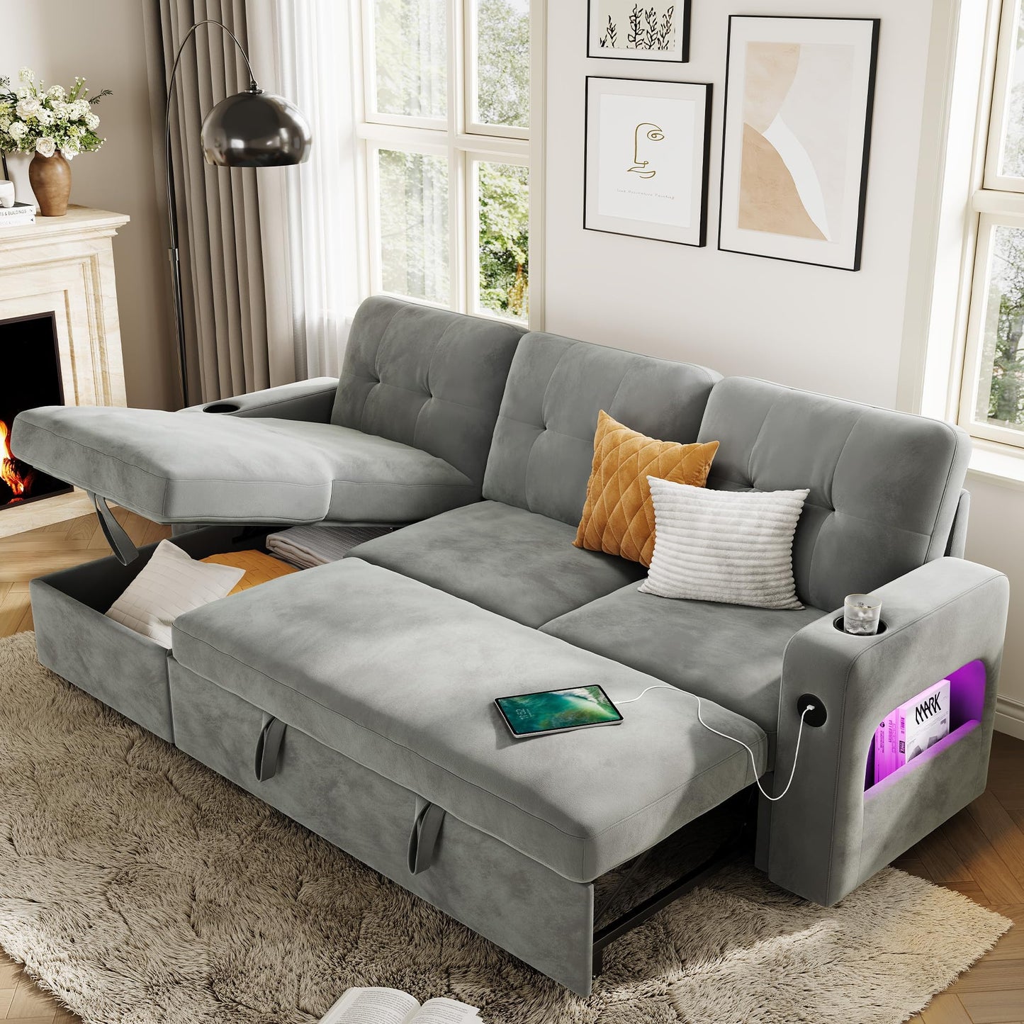 IDEALHOUSE 84" L Shaped Sleeper Sofa, Convertible Pull-Out Couch Bed with Storage & Charging Station, Sectional Sofa Bed with Cup Holder, Reversible Chaise for Living Room, Velvet, Light Gray