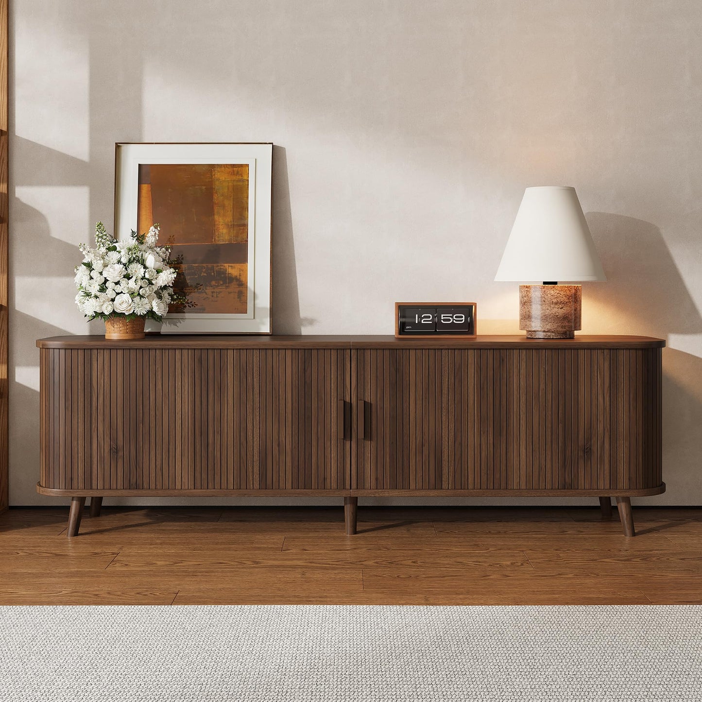 Merax 70 Inch Mid Century Modern TV Stand for TVs up to 80", Fluted Entertainment Center with Ample Storage & Sliding Doors, Curved Design Media Console for Living Room, Solid Wood Legs, Walnut