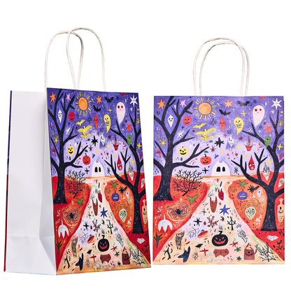 Halloween Paper Bags 8x4.5x11 Inch, Spooky Pumpkin Ghost Bat Design, Trick or Treat Goodie Bags for Party (8-Pack)