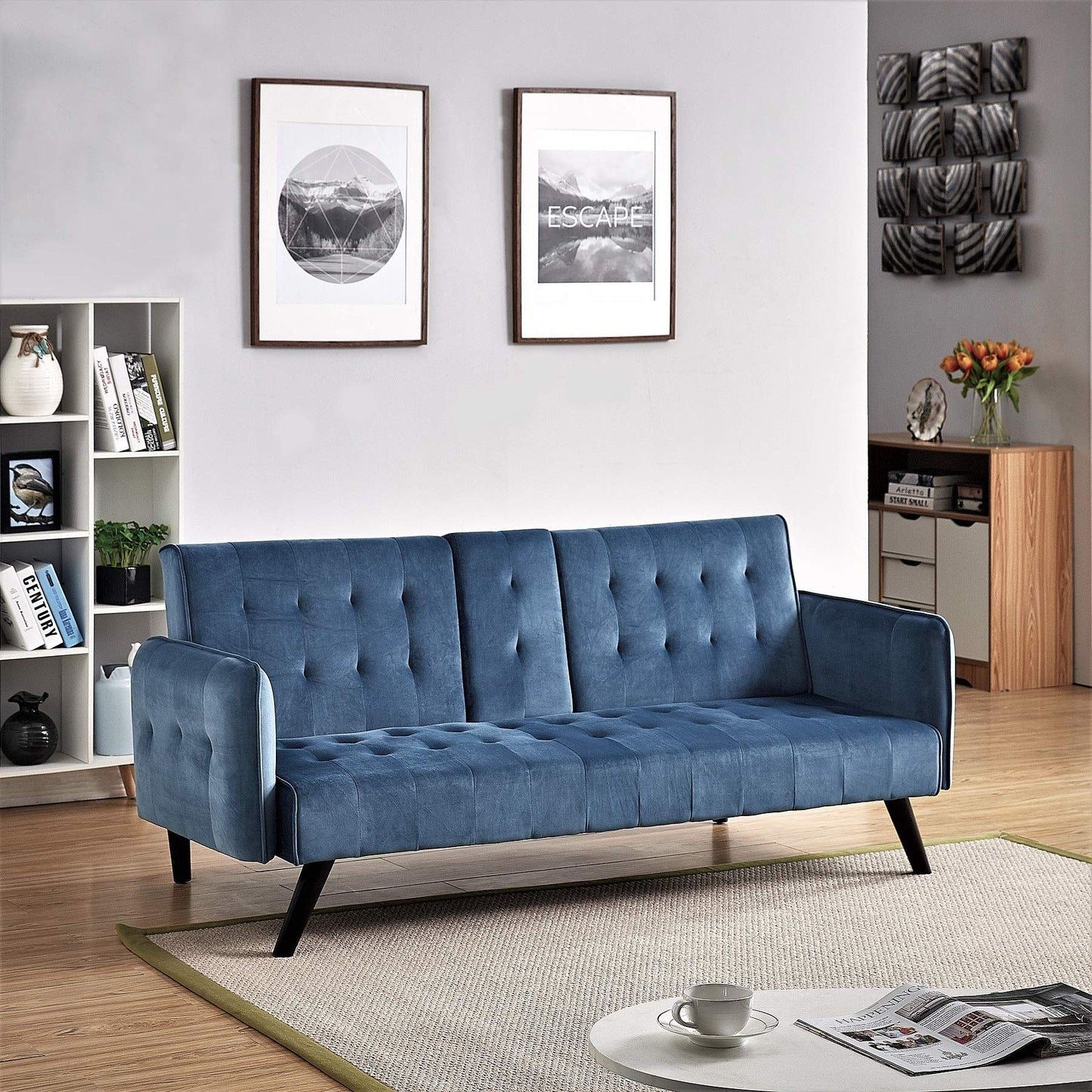 Container Furniture Direct Mid-Century Modern Velvet Uphostered Sofabed, Blue Mist