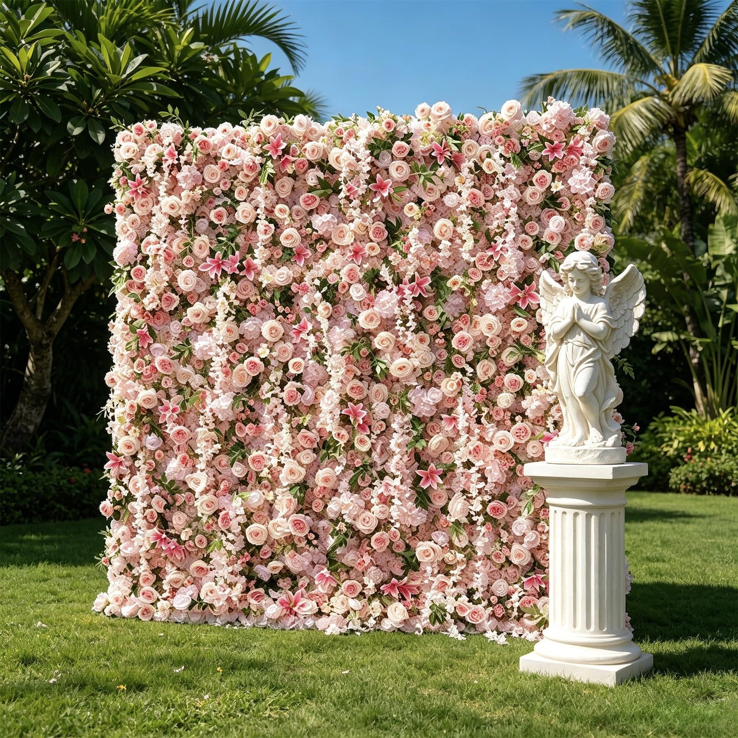 5D Realistic Rose Flower Wall Backdrop, 8×8FT Reusable Flower Wall Panel, Easy to Install & Store, Ideal for Wedding, Birthday Party & Home Decoration, Pink, Without Stand
